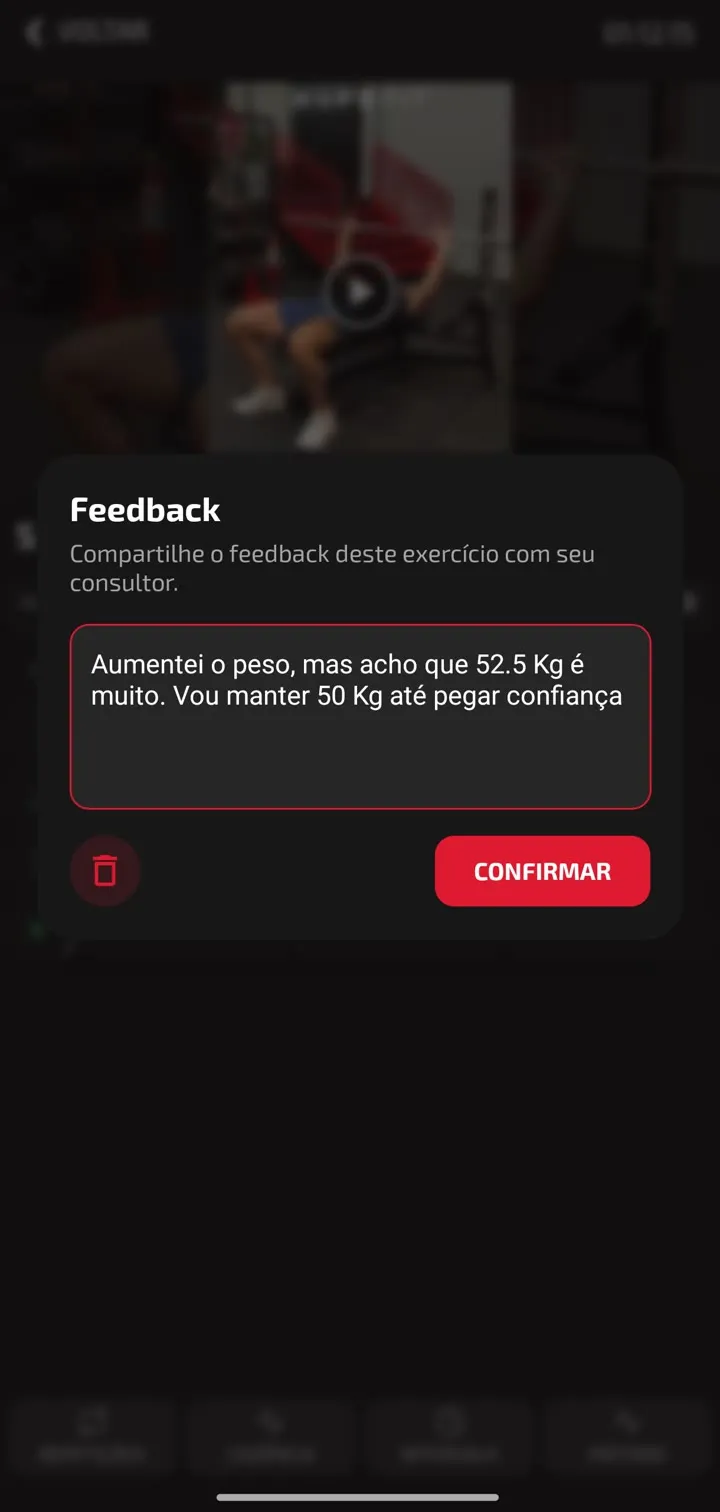 App do aluno: feedback do exercício para o professor