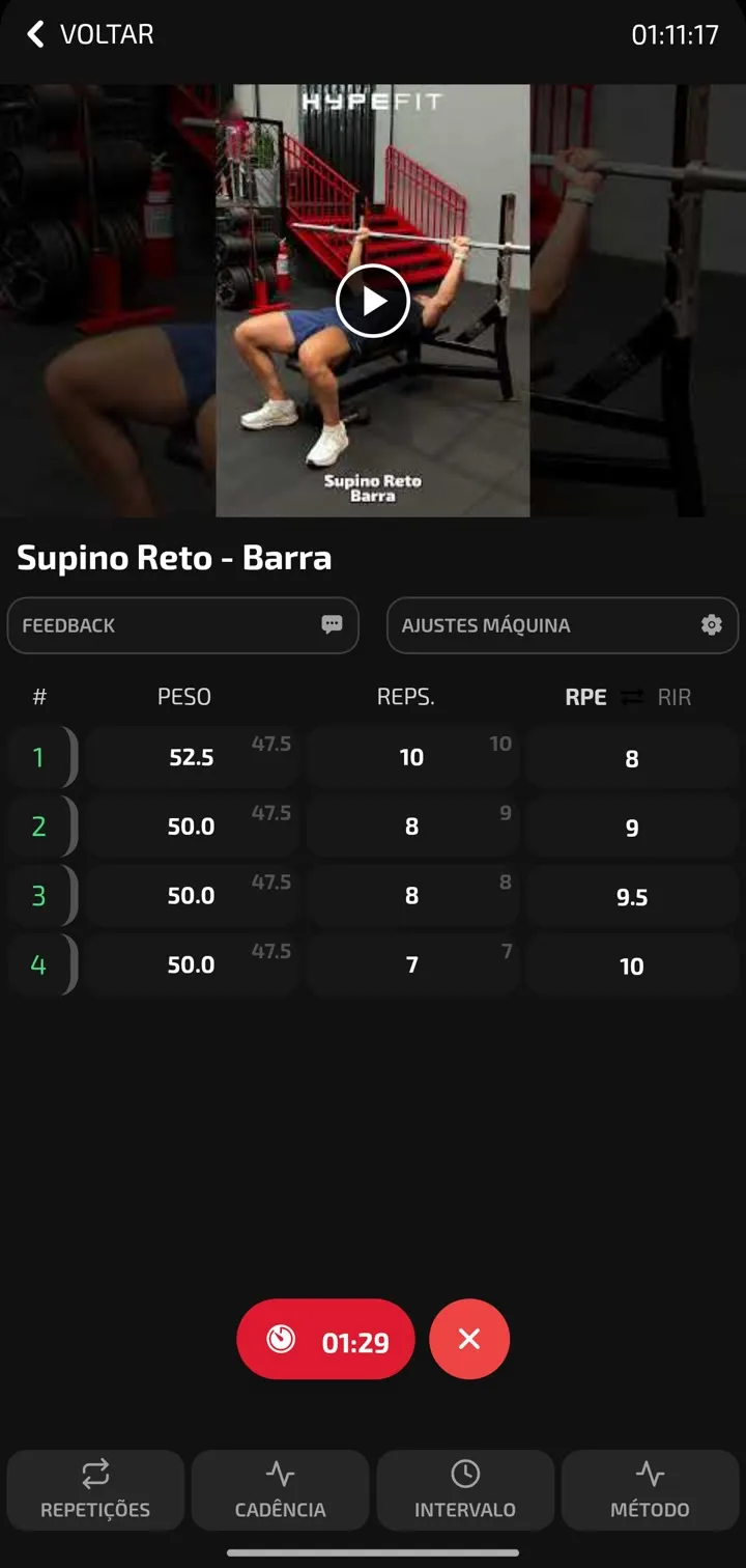 App do aluno: séries com carga e RPE