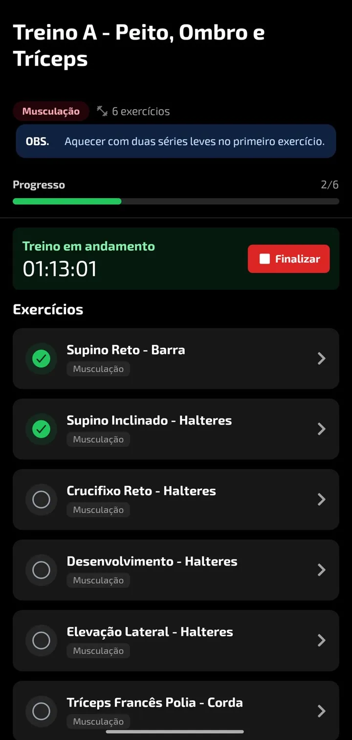 App do aluno: treino em andamento