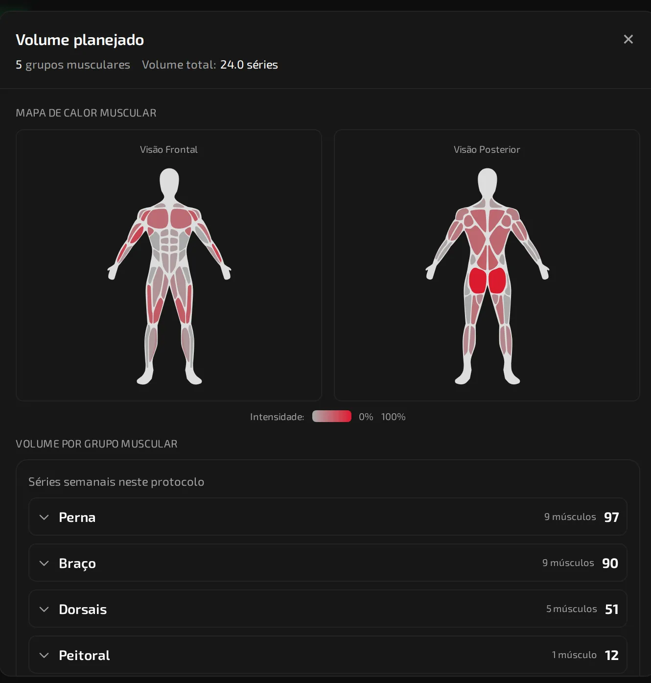 Volume planejado: mapa de calor muscular de frente e de costas e séries semanais por grupo